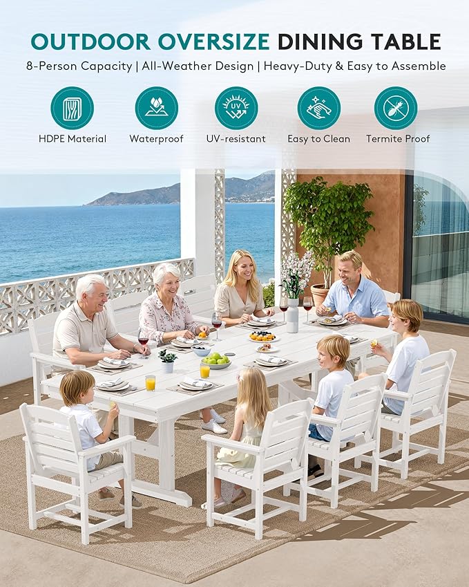 SERWALL Outdoor Dining Chairs Set of 4, All-Weather HDPE Patio Chair with 19.7" Widened Seat, for Backyard, Garden, White