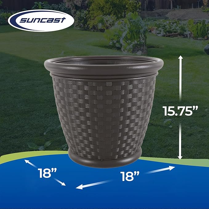 Suncast 4 Pack Sonora 18 Inch Lightweight Durable Plastic Wicker Decorative Flower Planter Pot for Yard, Garden, Indoor or Outdoor Use, Brown