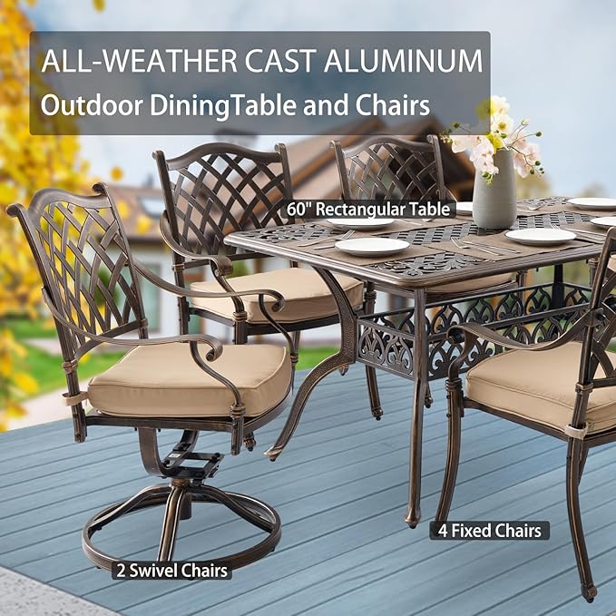 7-Piece Cast Aluminum Patio Furniture, Patio Dining Set for 6 Include 59" Rectangular Outdoor Dining Table, 4 Stackable Chairs & 2 Swivel Chairs with Cushions & Umbrella Hole(Bronze)