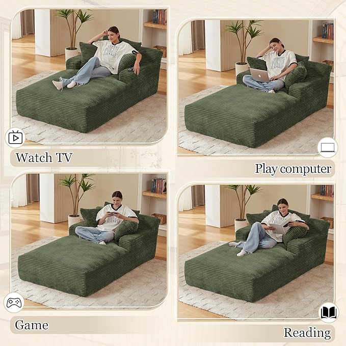80 Inch Chaise Lounge Chair Indoor, Oversized Corduroy Upholstered Boneless Sofa Bed, Deep Seat Sleeper Couch Reading Chairs, Cloud Sofas Couches for Living Room, No Assembly Required (Olive Green)