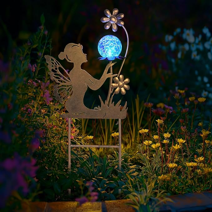 HONGLAND Solar Lights Fairy Garden Decor for Outside,Fairy Figurine Decorative Stake Housewarming Gifts for Patio Lawn Yard Pathway Outdoor Decor-Unique Valentines Day Gifts for Women Mom Grandma