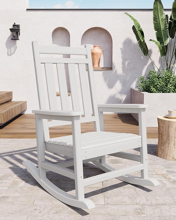 GarveeLife Poly Lumber Rocking Chair Outdoor Set of 6 - HDPE High Back Porch Rocker Chairs for Adults - All Weather Resistant Furniture for Patio - White