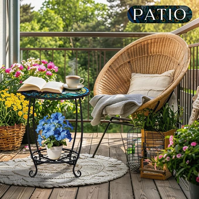 Outdoor Side Table Round Small Mosaic Patio Accent Indoor End Plant Coffee Tea Table for Yard Patio Porch Garden Living Room, Bedroom(Peacock Style,18 Inch)