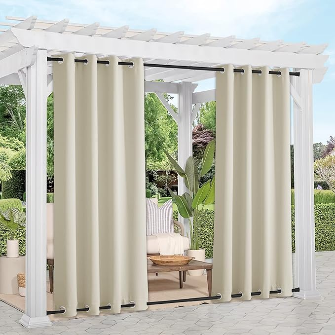 NICETOWN 2 Panels Weighted Blackout Curtains Waterproof & Windproof, Thermal Insulated Room Darkening Top & Bottom Grommet Fixed Drapes Keep Privacy for Cabana/Porch, Beige, W52 x L84