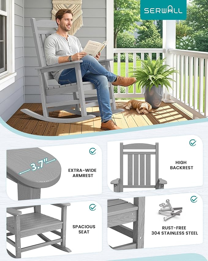 SERWALL Oversized Outdoor Rocking Chair, All-Weather Patio Rocking Chair, HDPE Porch Rocker for Adults, Light Gray