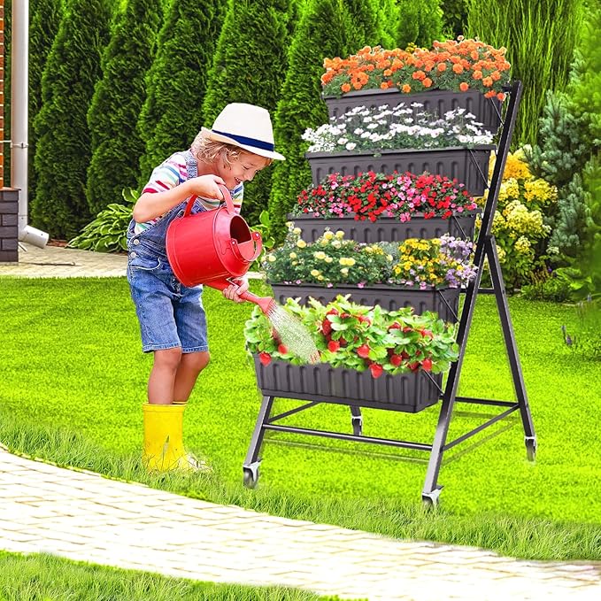 SEJOV 4FT Vertical Raised Garden Bed, 5-Tier Vertical Garden Planter with Drainage System, Larger Elevated Planter Box for Herb Vegetables Flowers Indoor Outdoor Planters (Black with Lockable Wheels)