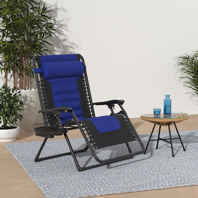 Best Choice Products Oversized Padded Zero Gravity Chair, Folding Outdoor Patio Recliner, XL Anti Gravity Lounger for Backyard w/Headrest, Cup Holder, Side Tray, Polyester Mesh - Blue