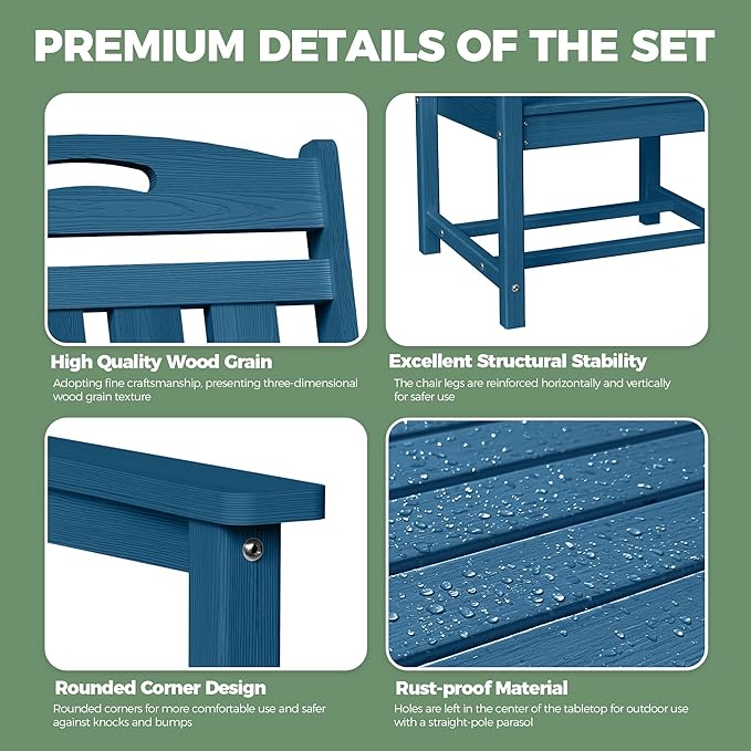 HDPE Outdoor Patio Dining Set with Table & 4 Chairs, All-Weather 5-Piece Outdoor Table and Chairs, 2" Umbrella Hole, Patio Furniture for Garden, Backyard, Deck | Navy Blue