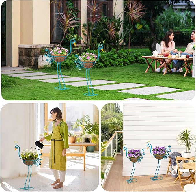 Set of 2 Blue Peacock Outdoor Planters with Basket, Metal Peacock Planter for Indoor Outdoor Garden Yard Decor