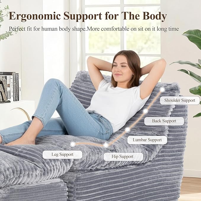 Boneless Chaise Lounge Chair Indoor, Adult Bean Bag Chair with Compressed Memory Foam, Comfy Back Support Sofa Bed Couch for Living Room Bedroom Office Apartment, No Assembly