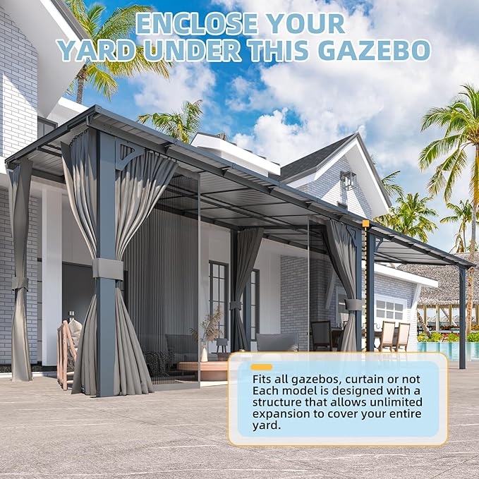 AECOJOY 12' x 8' Gazebo Outdoor Pergola with Curtains and Netting, 8'x12' Hard Top Lean to Pergolas and Gazebos Clearance with Patio Roof, Large Wall-Mounted Heavy Duty Awnings for Patio, Decks