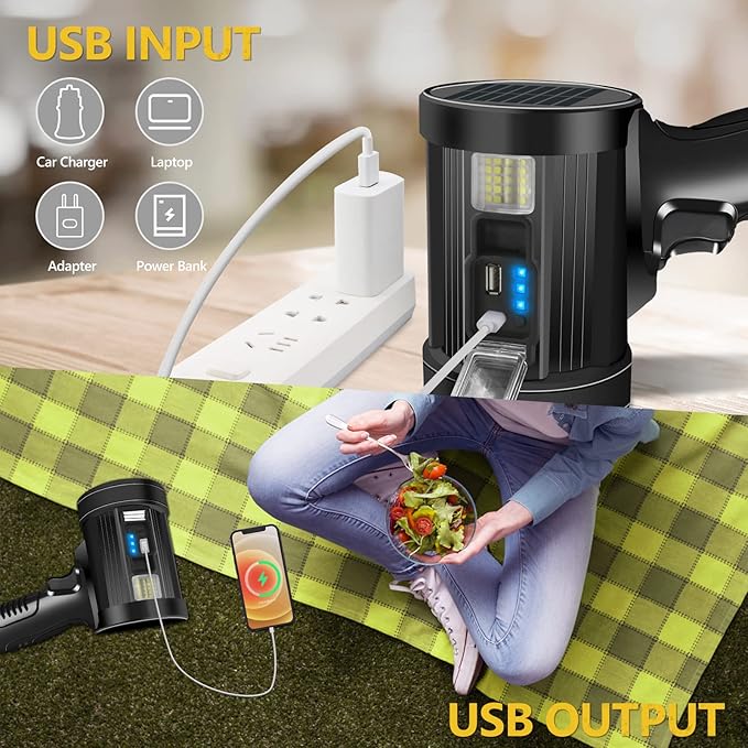 Spotlight 1000000 Lumens, 6 Modes Led Rechargeable Spotlight Flashlight As Seen on TV with Tripod, 3 Color Filters, Super Bright Solar Spot Lights Outdoor Handheld for Hunting, Boating, Large
