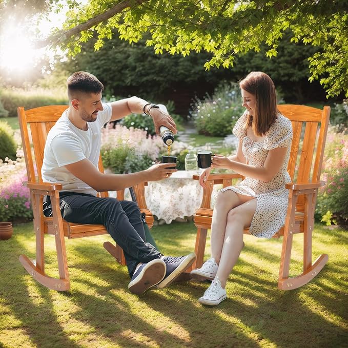 VINGLI Outdoor Rocking Chair Set of 2, Heavy Duty 600 LBS Wooden Rocking Chair with Comfortable Backrest, Weatherproof Rocker with Ergonomic Design, Suit for Patio, Garden, Yard, Teak