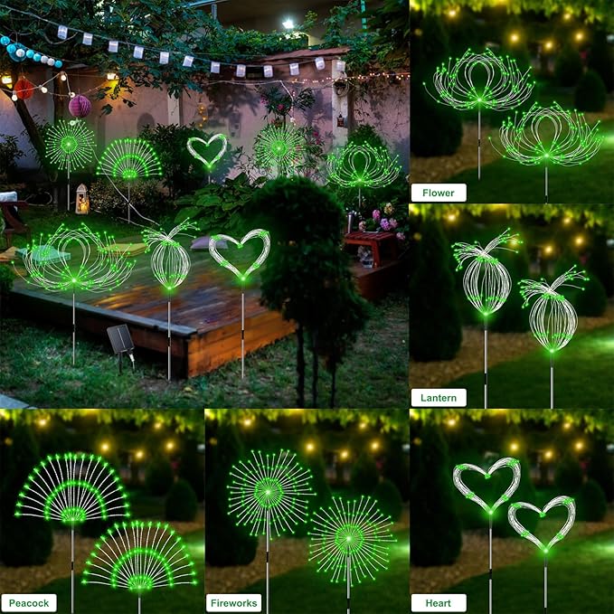 Solar Garden Lights Outdoor Waterproof, 4 Pack Total 480 LED Solar Firework Lights Decorative with 8 Lighting Modes Outside for Yard Pathway Flowerbed Decor, Green