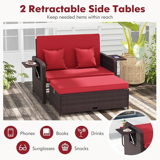 Nightcore Wicker Patio Outdoor Daybed, Outdoor Chaise Lounger w/ 4-Level Adjustable Backrest, Retractable Side Trays, Storage Ottoman, Comfortable & Removable Cushions, Rattan Loveseat (Red)
