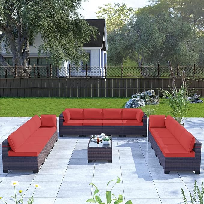 Kullavik 14 Pieces Outdoor Patio Furniture Set PE Wicker Rattan Sectional Sofa Patio Conversation Sets,Red