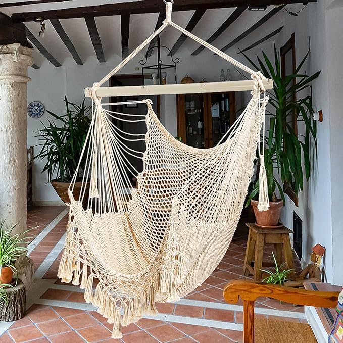 Hammock Chair，Max 330lbs, Large Hanging Chair, Soft Cotton Rope Swing Chair with High Load-Bearing Metal Rod,Indoor Outdoor Garden Yard Living Room Use Beige