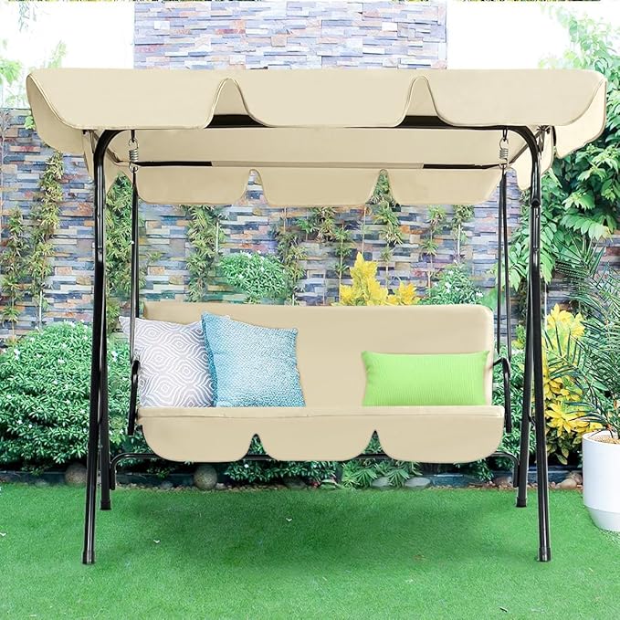 AECOJOY Porch Swing with Stand, 3-Seat Outdoor Clearance Porch Swings for Adults, Outdoor Patio Swing with Adjustable Canopy & Removable Cushion for Backyard, Garden, Balcony, Beige