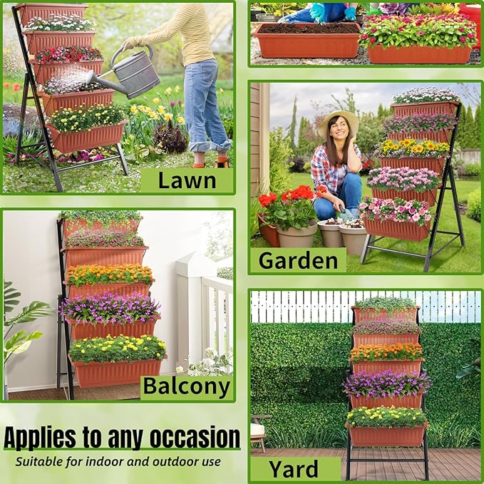 Homdox 3.74FT Vertical Garden Bed, 5 Tiers Raised Garden Planter, 23 * 26 * 45Inch Outdoor Stand with 4 Hooks for Vegetable Flower, Patio Yard, Brown