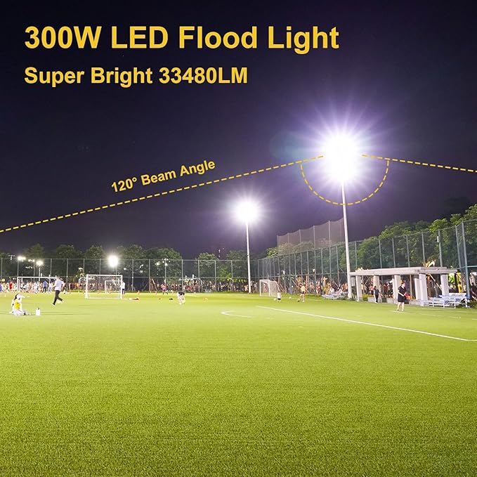 300W LED Flood Light Outdoor,2000W Equivalent 5000K Daylight White Super Bright FloodLight with Plug,43500LM IP66 Waterproof Commercial Lighting for Sports Fields,Counts,Arena,Stadium