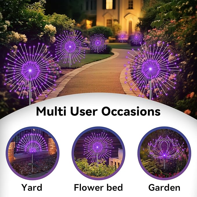 Garden Outdoor Lights, 2 Pack 120 LED Solar Garden Lights Fairy Lights Outdoor Waterproof Decorative Solar Firework Lights for Yard Patio Pathway Flowerbed Party Wedding Decor, Purple