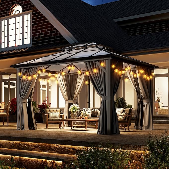 Aoxun 10'x12' Hardtop Gazebo, Aluminum Frame Permanent Pavilion with Curtains and Netting, Outdoor Polycarbonate Double Roof Canopy, Designed for Garden, Lawns, Patio