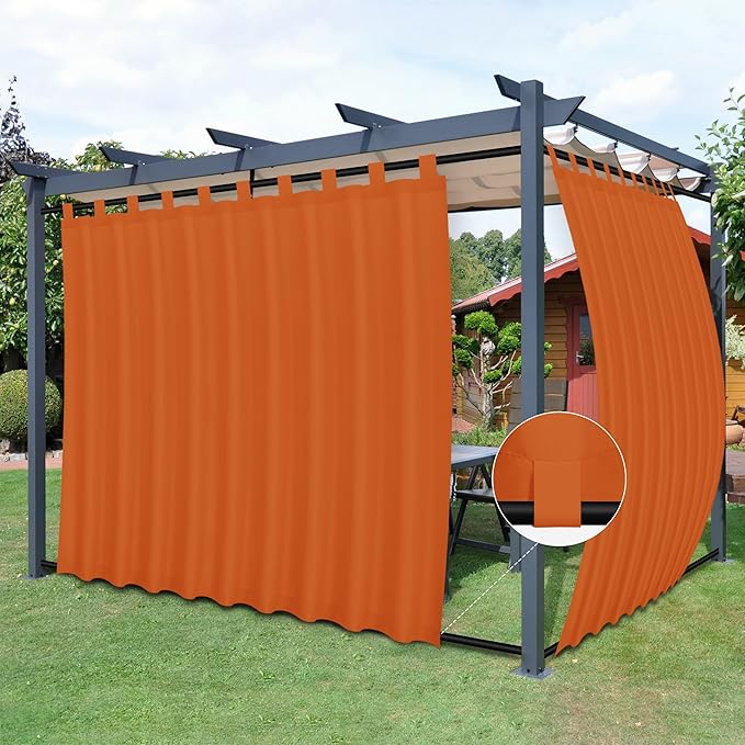 Easy-Going Outdoor Patio Curtains Detachable Tab Top Windproof Weatherproof Curtain for Cabana, Porch, Pergola and Gazebo, Tab Bottom Drape, 2 Panels, 110W x 120L inch, Orange