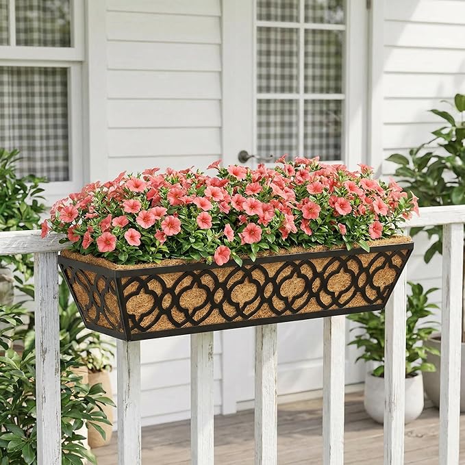 Y&M 24in Window Planter Box 4Pcs Iron Railing Planter with Coco Liner for Outdoor Balcony Rail, Fence, Porch, Patio