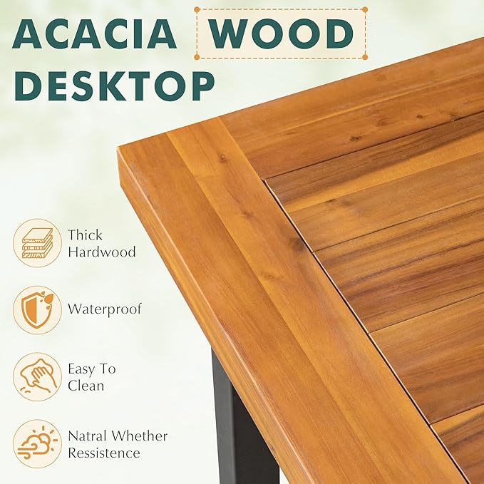 Flamaker Dining Table for 6 Acacia Wood Indoor Outdoor Home Kitchen Table with Iron Legs Large Rectangular Patio Table for Deck, Sunroom