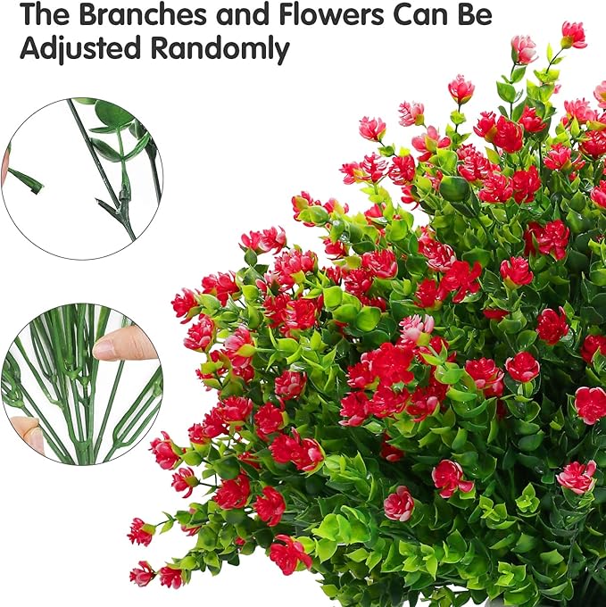 20 Bundles Artificial Flowers Outdoor Fake Flowers, UV Resistant No Fade Faux Plastic Greenery Shrubs Plants for Hanging Garden Porch Window Box Outside Decoration,Home Indoor Decor Red