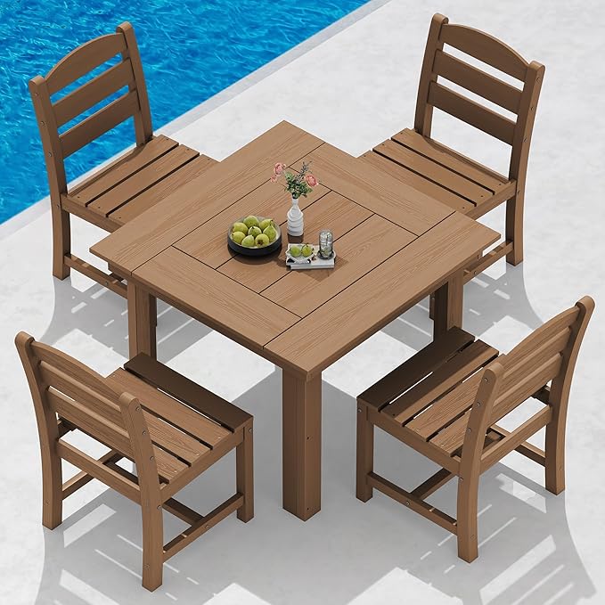 SERWALL Outdoor Dining Set for 4, HDPE Square Table and Chairs Set All Weather Patio Dining Set with 4 Armless Chairs for Patio, Brown