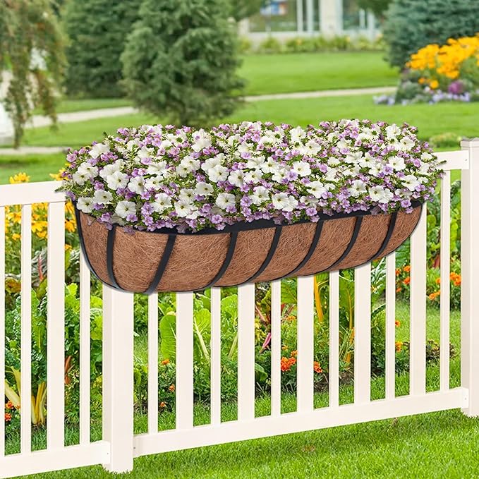 ZeeDix 4 Pack 24 Inch Railing Planter Box, Metal Window Boxes with Coco Liners for Railing, Hanging Flower Boxes for Deck Porch Balcony & Fence Outdoor Indoor Lawn