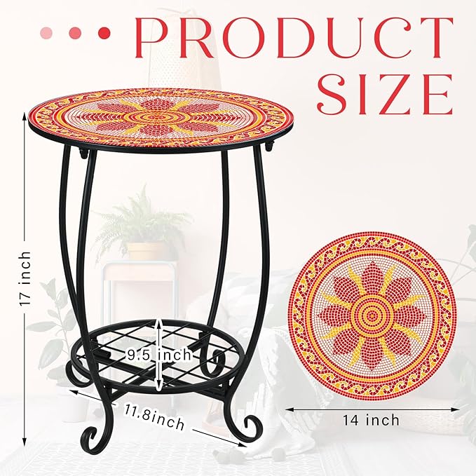 Outdoor Side Table Round Small Mosaic Patio Accent Indoor End Plant Coffee Tea Table for Yard Patio Porch Garden Living Room, Bedroom(Mandala B Style,14 Inch)