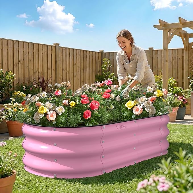 Kesfitt Raised Garden Bed, 4x2x1 FT Galvanized Steel Metal Raised Garden Bed, Oval Open-Bottom Design, 12-Inch Deep for Outdoor Vegetable & Herb Gardening, Blushing Pink