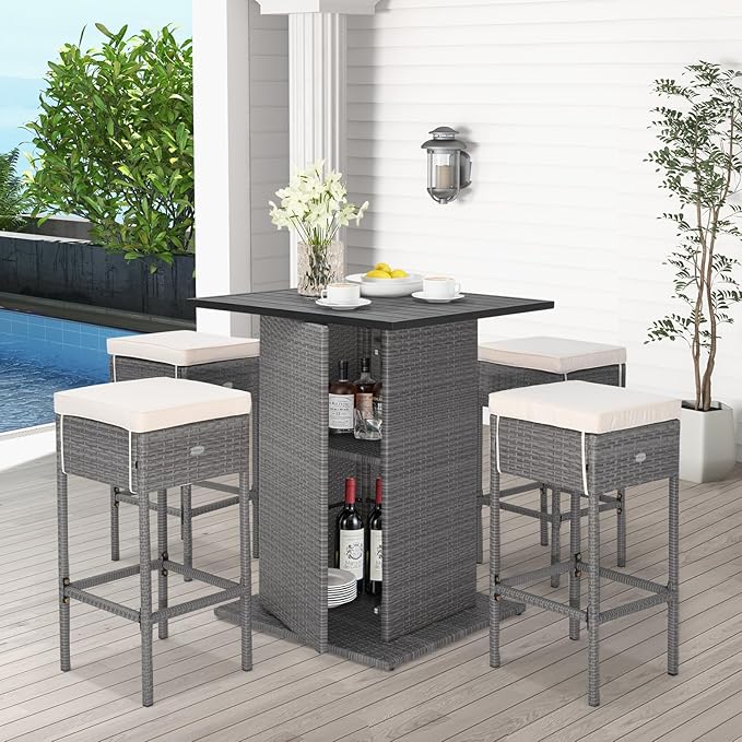 Tangkula 5 Piece Outdoor Rattan Bar Set, Patio Bar Furniture with 4 Cushions Stools and Smooth Top Table with Hidden Storage Shelf, Outdoor Conversation Set for Poolside, Backyard, Lawn (Grey-White)