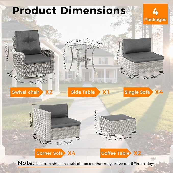 10-Seat Modern Patio Furniture Set with Swivel Rocking Chairs, Thick 4″ Cushions, Dual-Strand Wicker Rattan, Rust-Resistant Steel Frame – Outdoor Conversation & Modular Sectional,Black