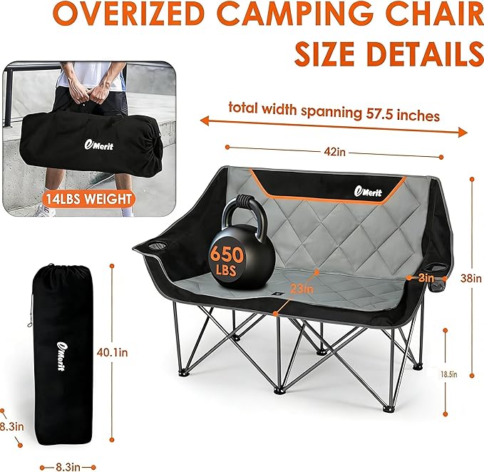 EMERIT Oversized Fully Padded Camping Chair, Heavy Duty 650LB Folding Camping Loveseat, Quad Fold Double Camping Couch with Cup Holders & Carry Bag for Outdoor, Lawn, Sports Events | HIgh Back, Rip resistance, Extra Wide Design, Cross-bracing Hubs, Eas...