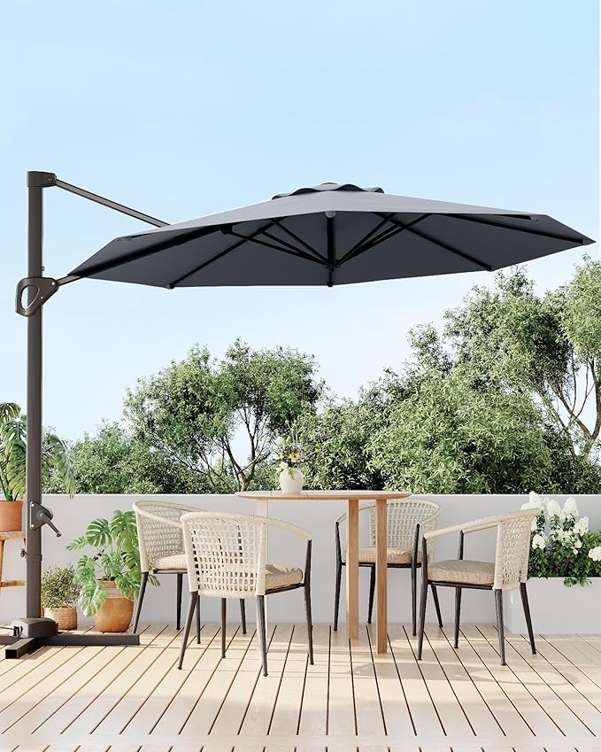 GarveeLife 10 ft Patio Umbrella Outdoor Large Cantilever Umbrella Market Sun Shade Windproof Offset Umbrella with 360-Degree Rotation for Garden Deck Pool Patio, Grey