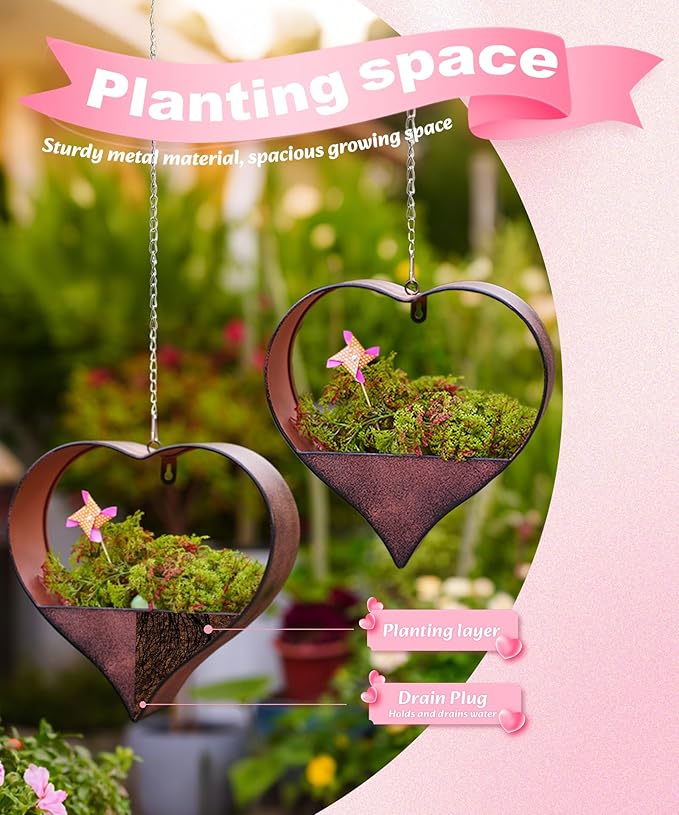 Metal Plant Hangers Indoor and Outdoor for Mom Women Her Wife Garden Lovers Birthday - Heart Shape Hanging Planters for Window Wall Living Room Office Decor(2 Pack)