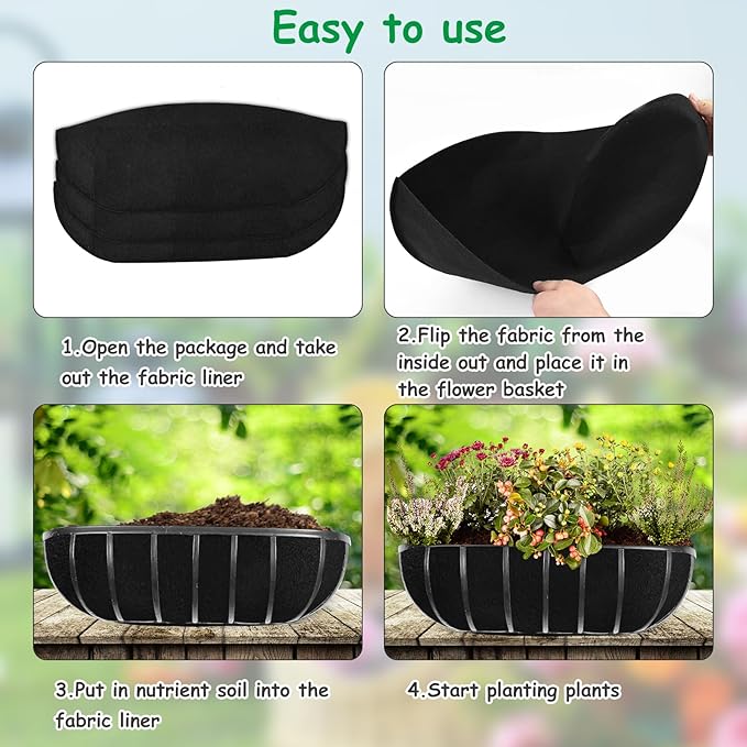 3PCS 24 Inch Planter Basket Liners Fabric Window Box Liners Felt Trough Planter Liner Replacement Black Flower Basket Liner Non-Woven Hanging Plant Liner for Planters Garden Fence - Avoid Bird Nesting