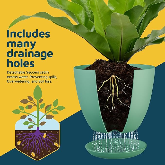 Planter Pots with Drainage Holes - Lightweight, Durable, & Space-Saving Pots for Indoor and Outdoor - Versatile Functionality, Simple Modern Design, Set of 10 Plastic Planter Pots Mint