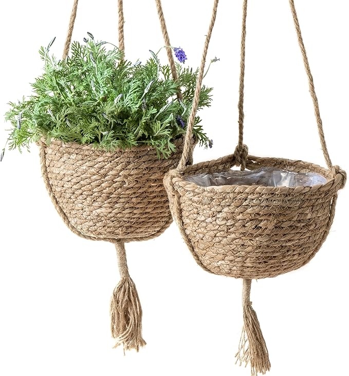 LA JOLIE MUSE Natural Seagrass Hanging Planter Basket Set,Indoor Plant Pots, Boho Decor Plant Pot Cover, 9 (D)*5.5(H) Inch, Pack 2