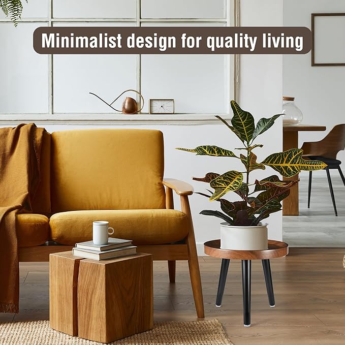 Indoor Plant Stand,Wood Mid Century Plant Table in Walnut Finish,Tall Plant Stand for Flower Pot,Modern Round Small Side End Table with Raised Design (Walnut, 12"x10.8" 2 Pack)