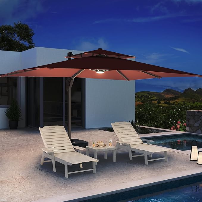 10 X 13 FT Cantilever Patio Umbrella with Led Lights and Base Included Outdoor Heavy Duty Double Top Rectangle Offset Umbrellas with 360-degree Rotation for Pool Deck Backyard, Wine Red