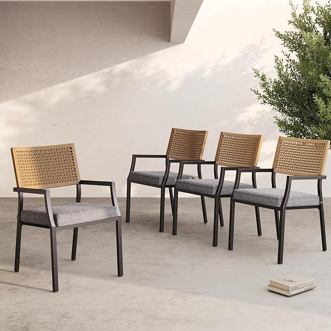 Grand patio Outdoor Dining Chair Set of 4, 4 Pieces Patio Dining Chairs, Stackable Wicker Chairs Set with Cushions Armrest for Restaurant, Outdoor, Garden, Porch, Lawn and Poolside