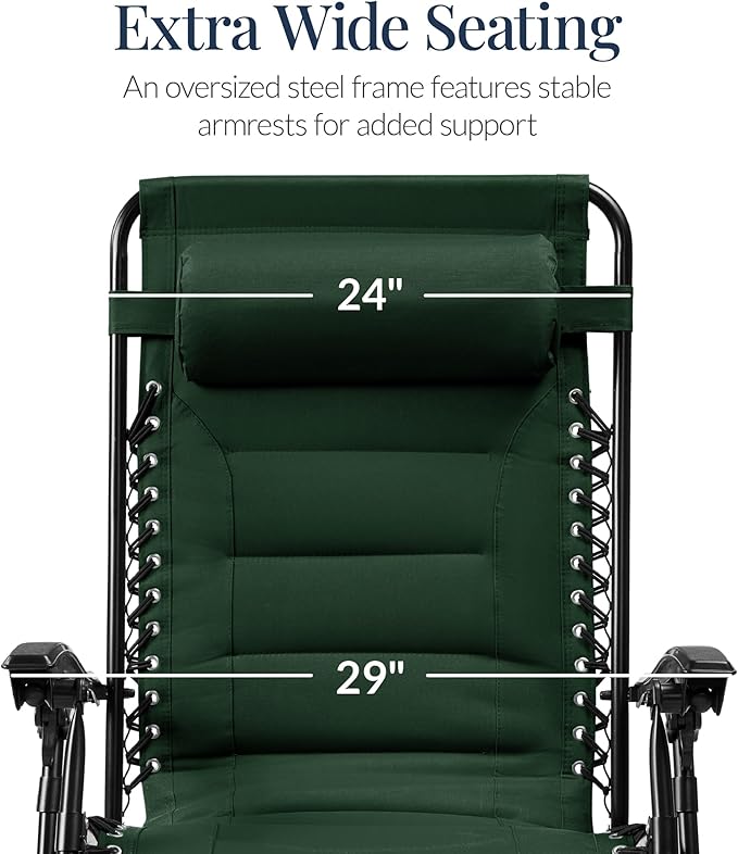 Best Choice Products Oversized Padded Zero Gravity Chair, Folding Outdoor Patio Recliner, XL Anti Gravity Lounger for Backyard w/Headrest, Cup Holder, Side Tray, Polyester Mesh - Forest Green