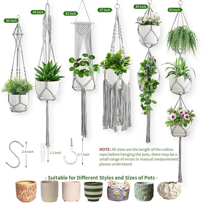 Macrame Plant Hangers, 6Pack Hanging Plant Holders Indoor w/ 6 Set Hooks Handmade Cotton Rope Plant Hangers Set Flower Pots Holder Stand Boho Home Decor Hanging Planters for Indoor Outdoor Plants