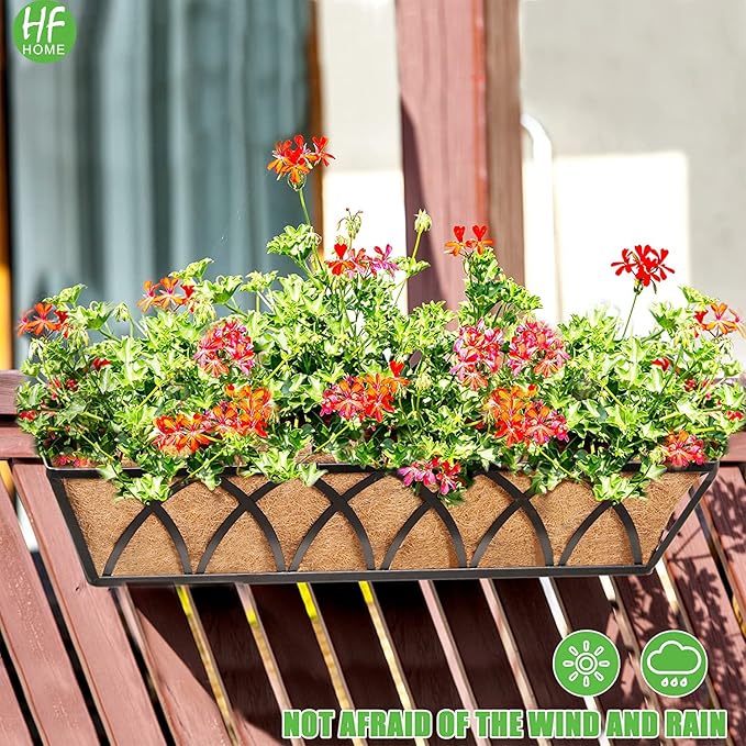 HFHOME 24 inch Window Deck Rail Planter with Coco Liner, 24" Dia Window Box Trough with Coconut Coir Liners, Black Metal Hanging Flower Planter Basket for Indoor Outdoor Lawn - Set of 4