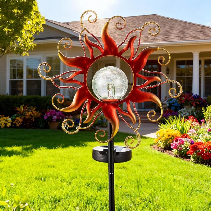 Solar Lights Outdoor Waterproof Red Sun Metal Crackle Glass Stake Decorative for Outside,Yard,Lawn,Patio,Walkway Mothers'Day Gifts Mom Grandma Garden Lover