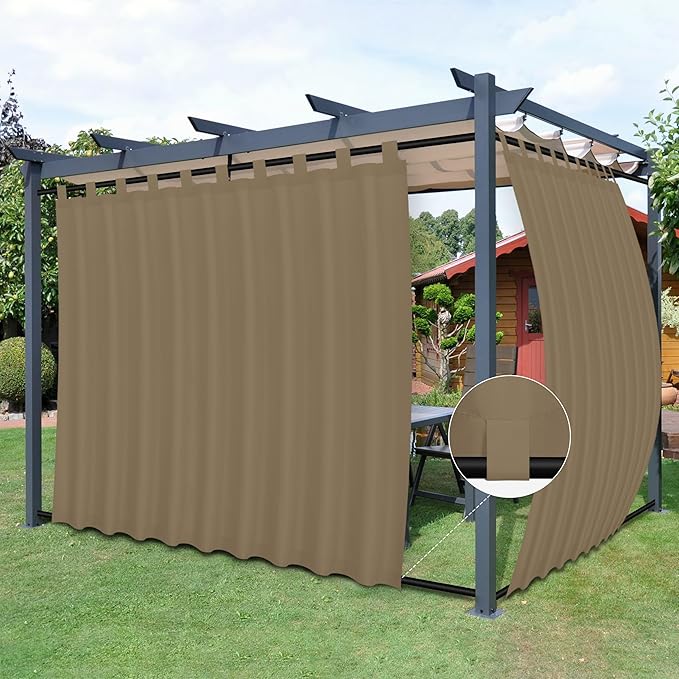 Easy-Going Outdoor Patio Curtains Detachable Tab Top Windproof Weatherproof Curtain for Cabana, Porch, Pergola and Gazebo, Tab Bottom Drape, 2 Panels, 110W x 120L inch, Khaki